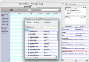 Screenshot der Kontaktverwaltung in timeSensor LEGAL 365 mit geöffnetem Selektor-Dialog, Klientenliste und Kontaktdetail-Panel zu Heinrich Klaas