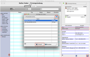 Screenshot von timeSensor LEGAL 365 mit geöffnetem Dialog „Vorlagen & Listen" zur Mandatsübernahme, inklusive Buttons für Entwurf und Drucken sowie Kontaktdetails im Hintergrund