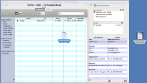 Screenshot von timeSensor LEGAL 365 mit Mandatsakte „Stefan Huber – Firmengründung", einem abgelegten Word-Dokument, Kommentar-Panel und vollständigen Kontaktdaten inkl. Gegenpartei und Behörde