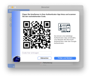 Dialogfenster in timeSensor LEGAL 365 zur Einrichtung der Zwei-Faktor-Authentifizierung mit QR-Code und Eingabefeld für den Bestätigungscode.