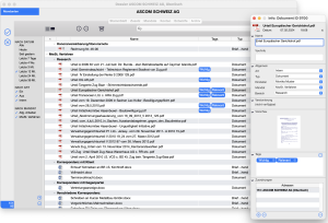 Dossieransicht in timeSensor LEGAL 365 mit Dokumentenliste eines Mandats links und Detailinformationen zu einem markierten PDF-Dokument rechts.