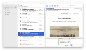 Kommunikator-Ansicht in timeSensor LEGAL 365 mit E-Mail-Postfach links, Nachrichtenvorschau in der Mitte und Mandatszuordnung rechts.