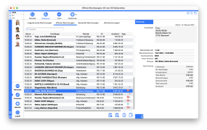 Rechnungsübersicht in timeSensor LEGAL 365 mit Liste offener Rechnungen links und Detailansicht einer ausgewählten Rechnung rechts.